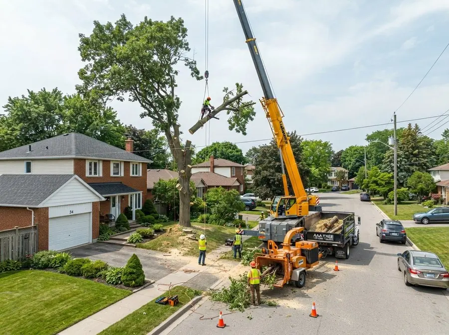 Abattage d'un grand arbre par démontage avec une grue près d'une maison