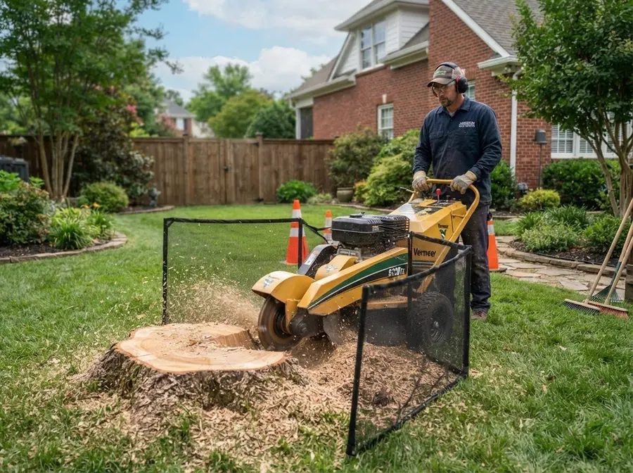 Dessouchage d'une souche d'arbre à la rogneuse dans un jardin