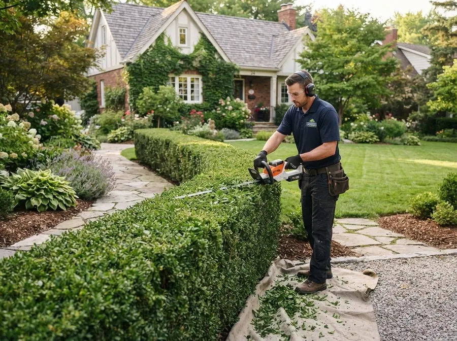 Taille d'une haie de buis au taille-haie dans un jardin